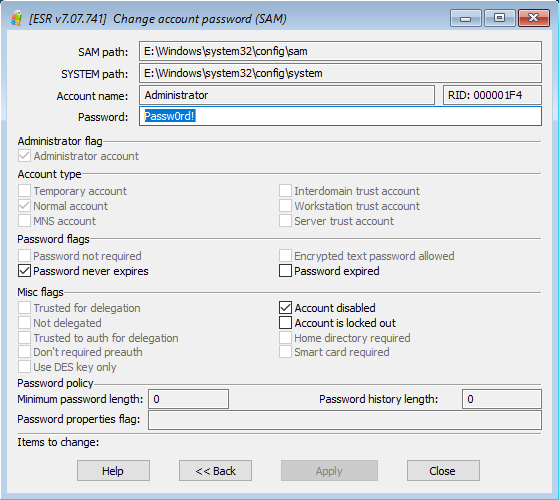 Elcomsoft System Recovery: changing an account password