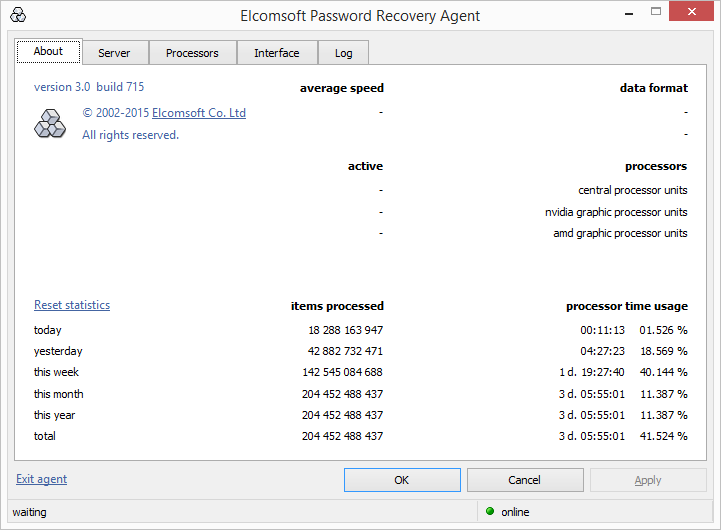 Elcomsoft Distributed Password Recovery statistics