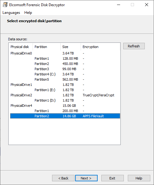 Select encrypted disk or partition (APFS, VeraCrypt, PGP, Bitlocker...)